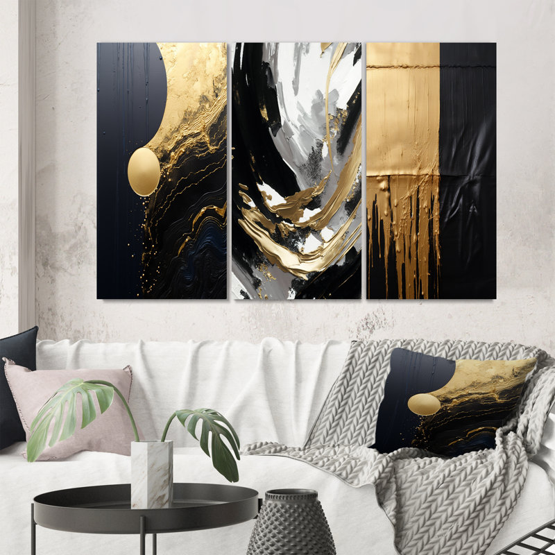 Essentiel naturel abstrait doré et noir II - ensemble de 3 peintures abstraites, H 28 po x l 36 po, Toile tendue