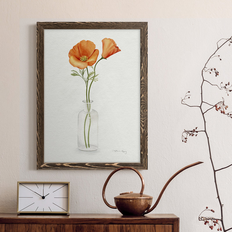 «California Poppy Vase II», toile encadrée de qualité supérieure - prête à être accrochée, H 38 po x l 28 po x P 1 po, Noyer
