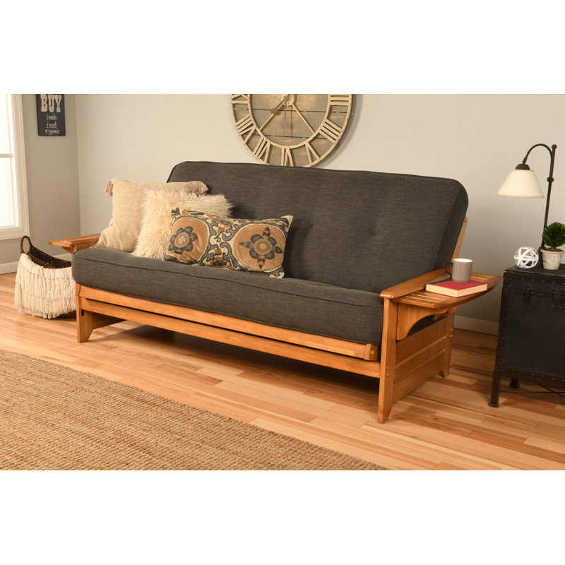 Futon double avec matelas Johnte, Noyer cendré, Lin en microsuède gris anthracite, Ressorts hélicoïdaux
