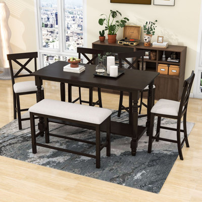 6Pcs Counter Height Dining Set with Table, Bench and Four Upholstered Chairs for Dining Room