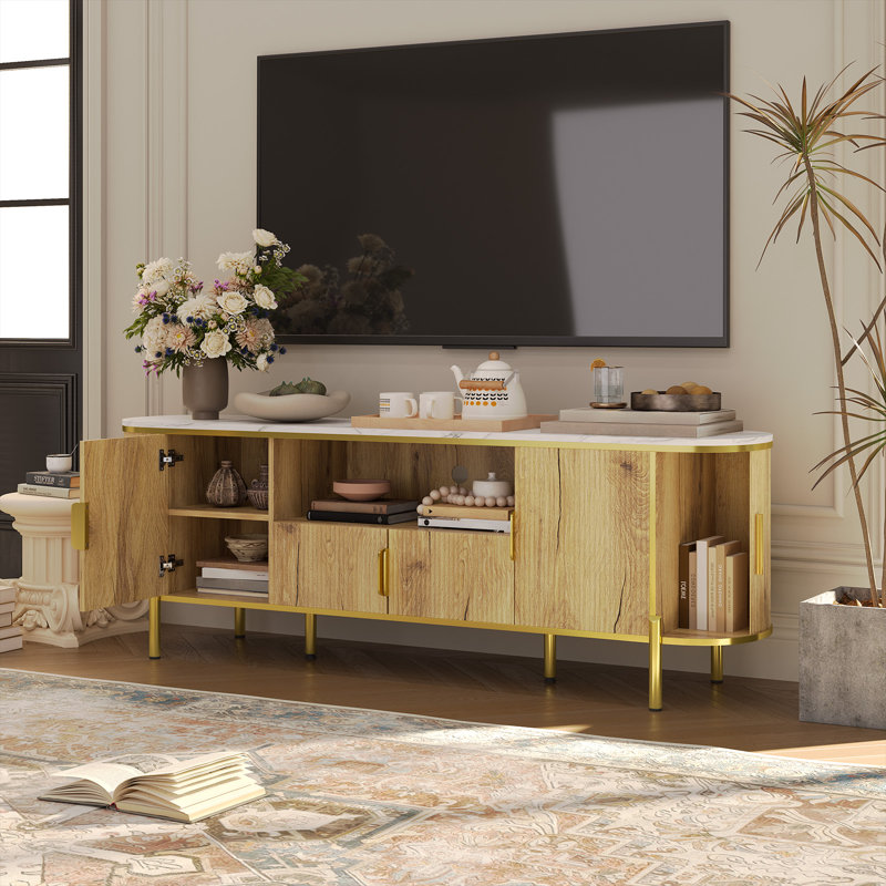 Meuble télé 70 po avec portes coulissantes et armoires Mid Century Modern, Bois de chêne