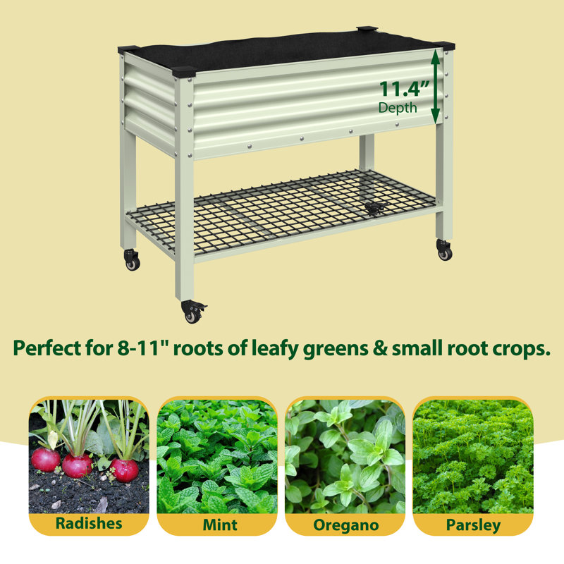Elevated Galvanised Steel Planter With Wheels, Cream