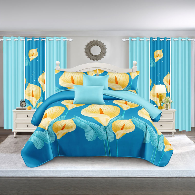 Ensemble d'édredon très grand californien 9 pièces, lit de luxe toutes saisons dans un sac pour la chambre à coucher, avec rideaux assortis, microfibre douce, lis Calla jaune