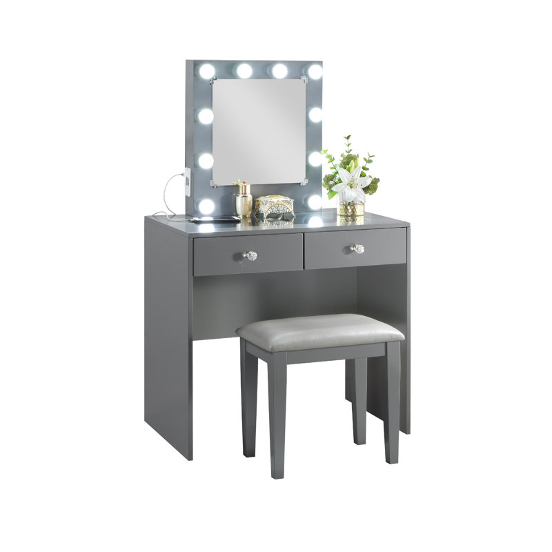 Hudi Makeup Vanity And Stool Set, 10 Lights, USB Power Outlet,, Gray