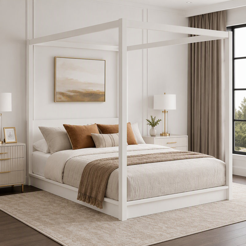 Cadre de lit à baldaquin moderne avec lattes en bois et montage facile pour un style de chambre polyvalent, Grand lit, Blanc