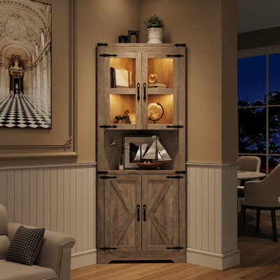 Armoire de rangement de 67 po avec lumière, huche de style campagnard avec portes en verre et tablette réglable, grand placard de présentation en bois pour la cuisine, le salon, la salle de bain, gris délavé