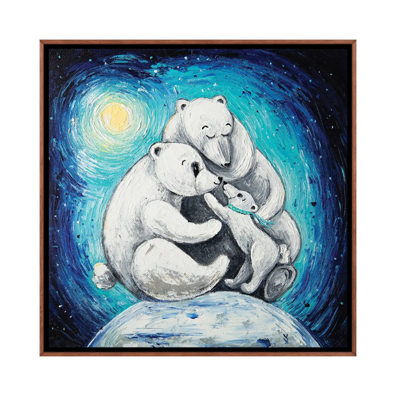Polar Bear Family by Vlada Koval - Painting on Canvas, 45.72 cm H x 45.72 cm W, Brown Framed