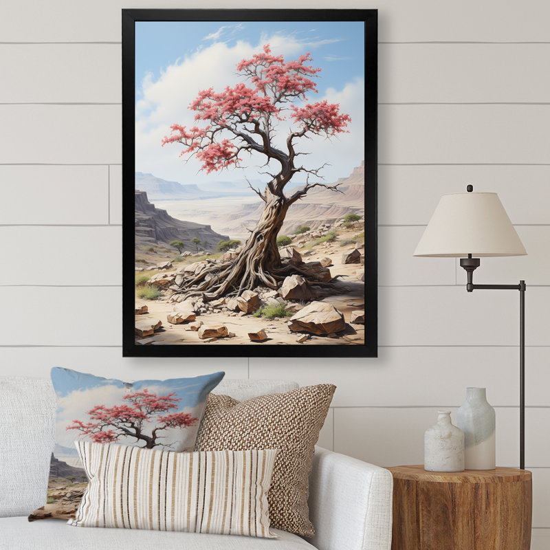 Arbre d'acacia africain dans le désert I - Art mural africain, Cadre photo noir, H 40 po x l 30 po x P 1,5 po