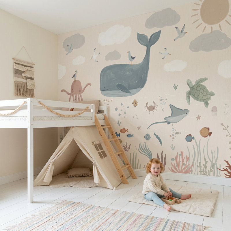 Décoration murale sous-marine en forme de baleine sous-marine, 140 po x 108 po, Peler et coller
