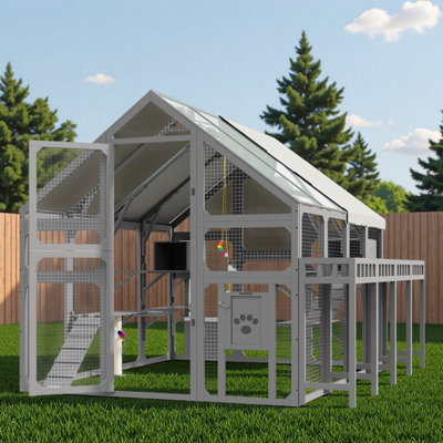 Grande maison pour chat d'extérieur avec support à fleurs, boîtes de repos, pont suspendu, plateformes et toit imperméable