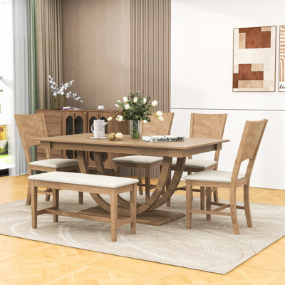 6-Piece Dining Table Set, Rectangular Dining Table with 4 Chairs and Bench