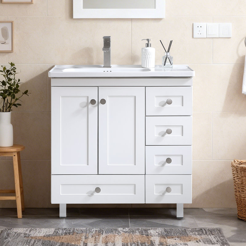 32 Inch  Modern Freestanding Single Bathroom Vanity with Ceramic Sink, Multi-Drawer Storage Cabinet for Family Bathroom