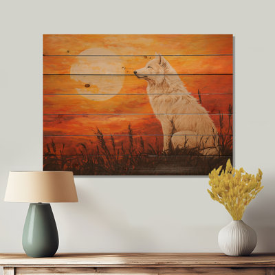Portrait de loup au coucher du soleil III - Décoration murale moderne en bois sur bois de pin naturel