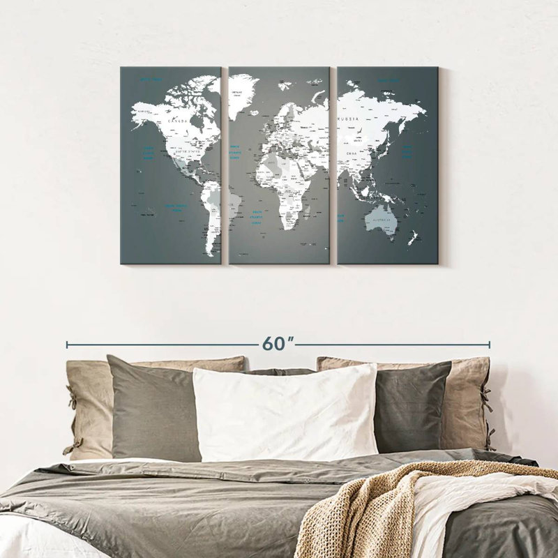 Ensemble de 3 pièces de carte du monde sur toile, H 45 po x l 28 po x P 1,25 po