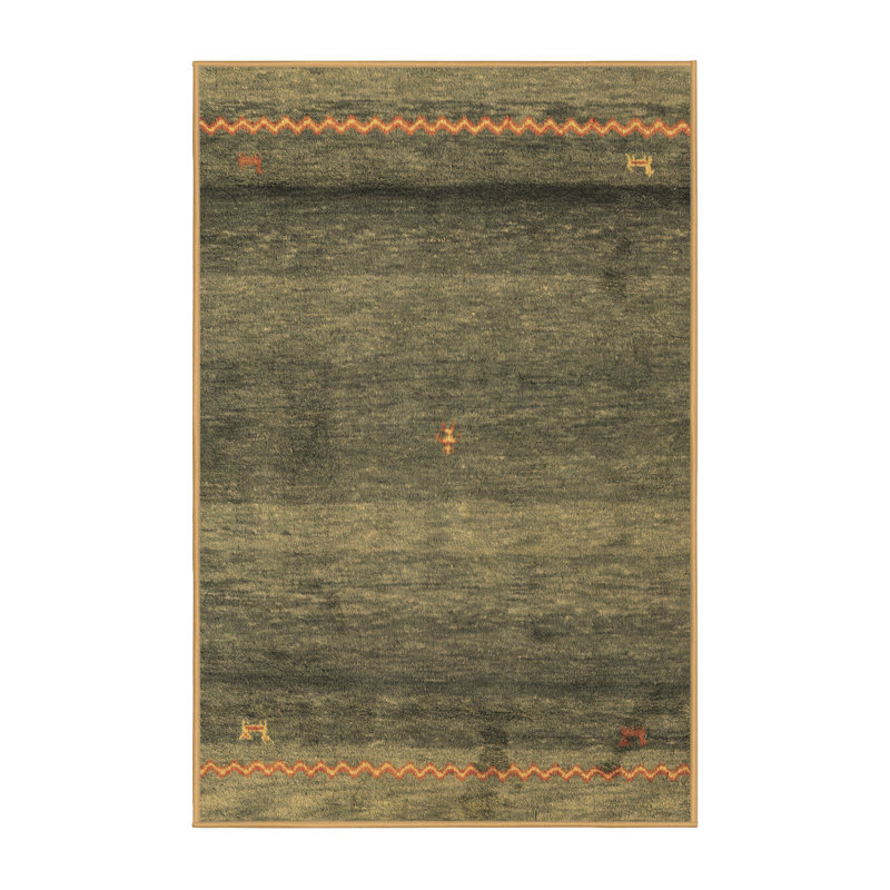 Tapis vert / orange en laine / polyester tissé à la machine, Rectangle 5 pi x 8 pi