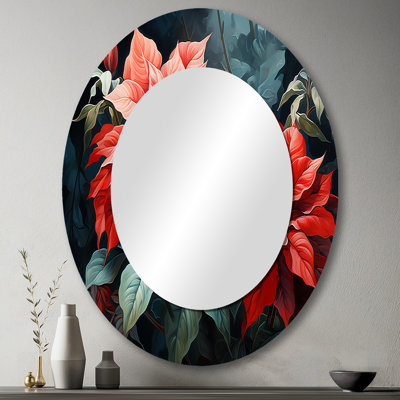 Poinsettia rouge et rouge fusion de fleurs - grand miroir mural ovale sur métal