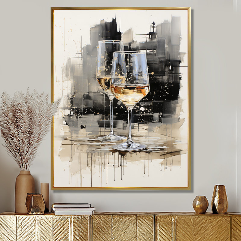 Verre noir et blanc Essence II - Champagne, art mural, Cadre flottant doré, H 32 po x l 24 po x P 1 po
