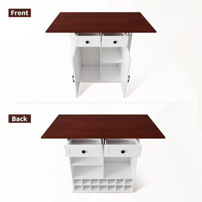 Îlot de cuisine colonne romaine avec comptoir à deux battants | Rangement à vin intégré et porte-verres, armoire à deux tiroirs et porte en forme de X, roulettes verrouillables - plateau en bois avec armoire blanche