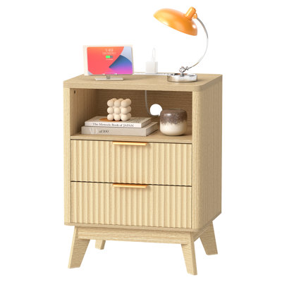 Modern Wooden Nightstand With Charging Station & Drawer