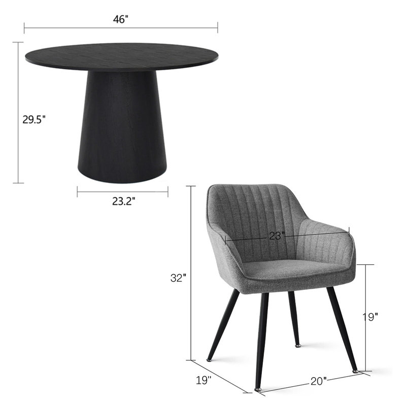 5-Piece Modern Round Dining Set With Black Pedestal Table And Upholstered Armchairs, Gray