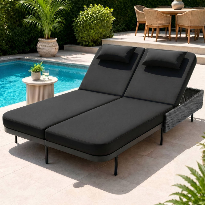 Lit de jour d'extérieur en osier pour 2 personnes, chaise longue de patio avec coussins et dossiers réglables à 6 positions