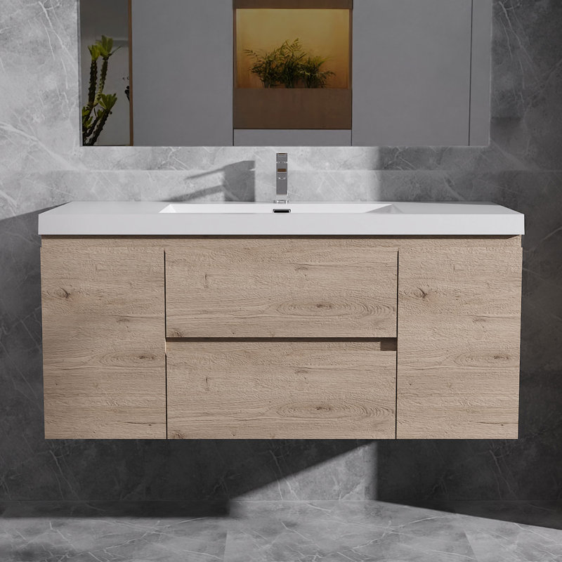 Dhruven 48" Wide Wall-Mounted Bathroom Vanity Set with Integrated Single Sink, Nature Oak