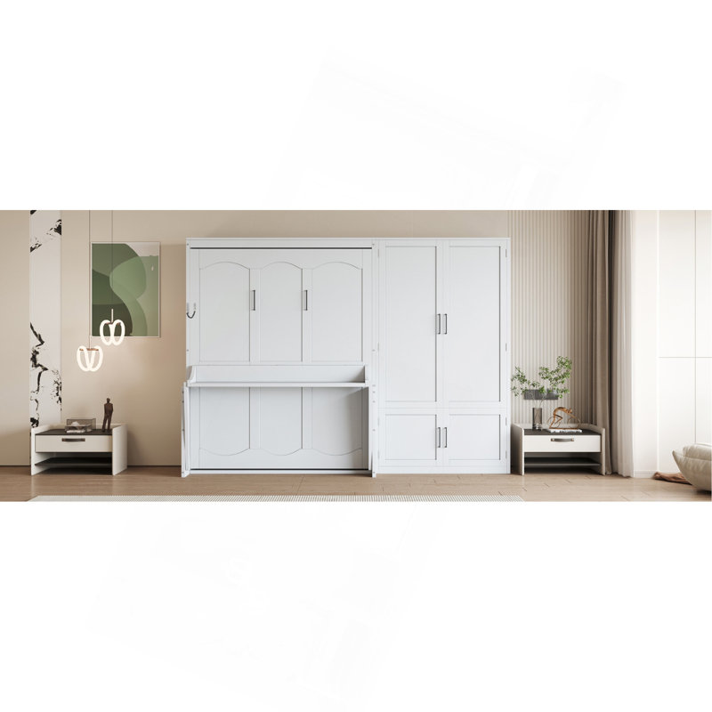 Grand lit escamotable mural avec placard, blanc, Blanc, Grand lit
