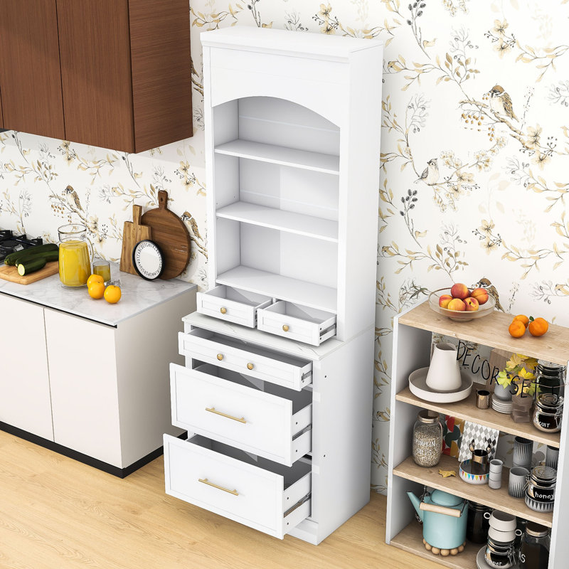 Garde-manger haut avec plateau en faux marbre, tablettes réglables et tiroirs spacieux, Blanc, Doré