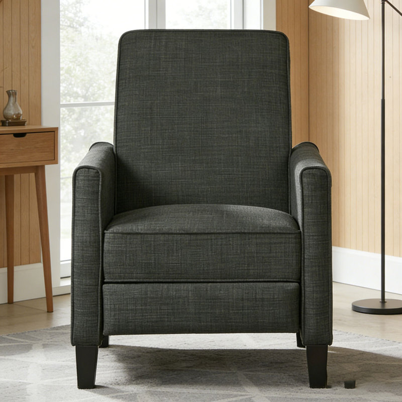 27.5" Push Back Recliner Chair Upholstered Recliner Armchair with Solid Beech Wood Legs, Polyester, DARK GREY