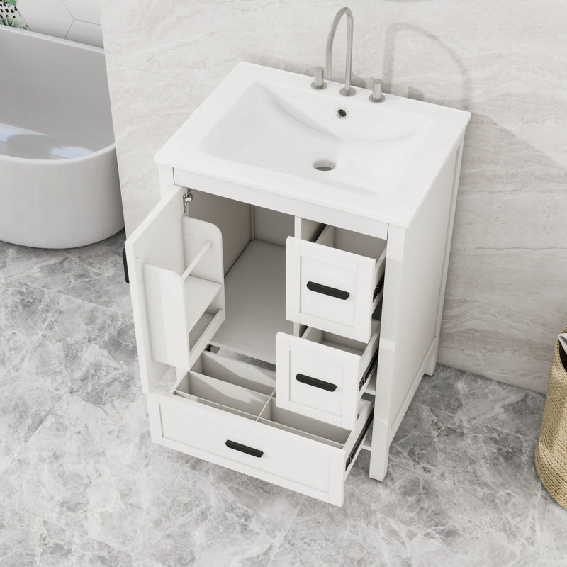 Meuble-lavabo de salle de bain avec lavabo en céramique, support de porte de rangement et 3 tiroirs, Blanc