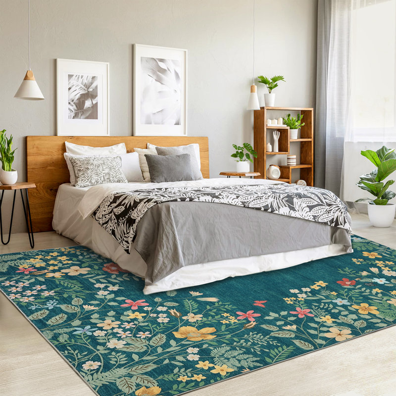 Washable 10x13 Rug, Non-Slip Soft Blue Botanical Area Rugs for Living Room, Non-Shedding Large Bedroom Rug, Ultra-Thin Stain Resistant Floor Carpet for Dining Table