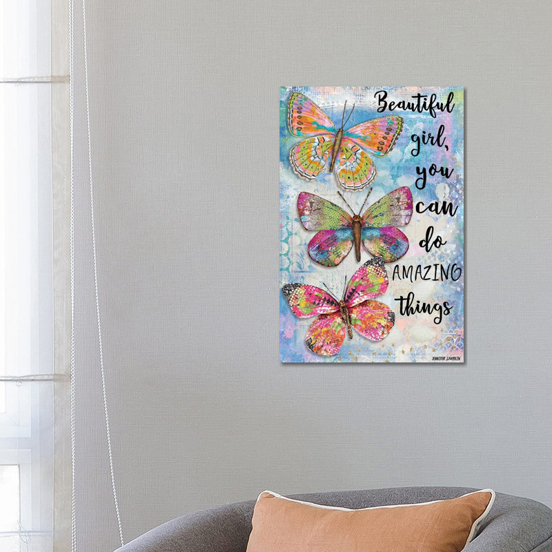 Beautiful Girl Butterfly Trio 1 Piece Wall Art on Canvas, 66.04 cm H x 45.72 cm W x 1.91 cm D, Canvas