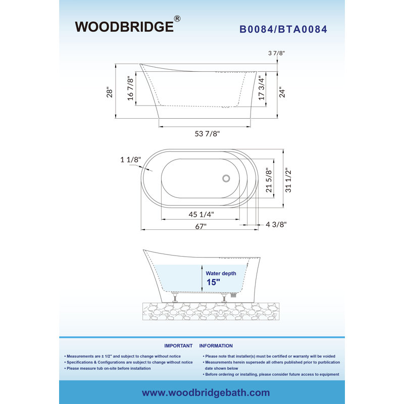 Baignoire de trempage autoportante en acrylique avec drain réversible 67 po. X 32 po., Blanc / nickel brossé