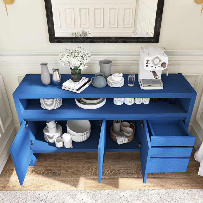 60" Wood Modern 3-Door Sideboard With Solid Wood Veneer, Navy Blue