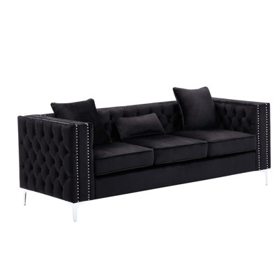 Velours noir 3 86 pouces avec bouton fait à la main, garniture cloutée, pieds, coussin de siège de 7 pouces et 3 coussins décoratifs capitonnés, épaisseur du métal