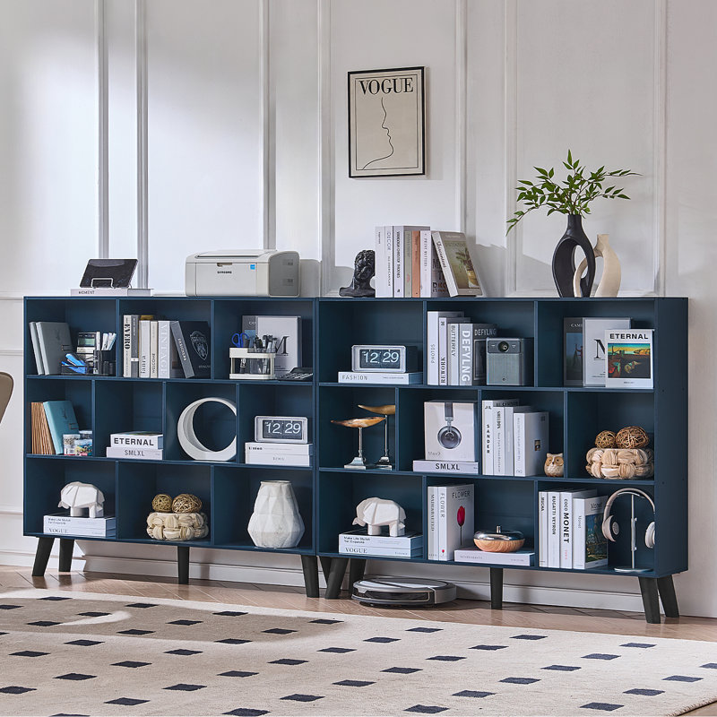 10 Cube Bookshelf,3 Tier Modern Wide Bookcase With Legs,Mid-Century Wood Bookshelves Storage，Retro Large Book Case,Freestanding Organizer Display Shelf For Bedroom,Living Room,Office