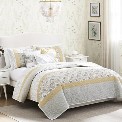 6 pièces courtepointe réversible pour chambre à coucher - Lit double / grand jaune avec coussins brodés