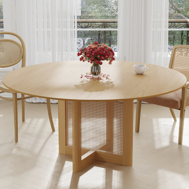 Table de salle à manger ronde en bois massif avec piédestal en rotin, Bois naturel, H 30 po x L 60 po x l 60 po