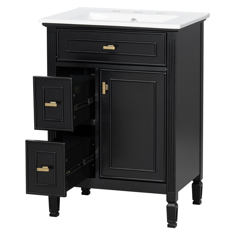 Meuble-lavabo autoportant de 24 po avec lavabo en céramique, Noir