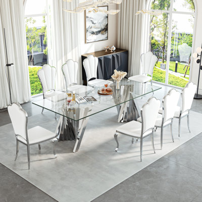 8 - Person 94.49'' Glass Top Double Pedestal Dining Set