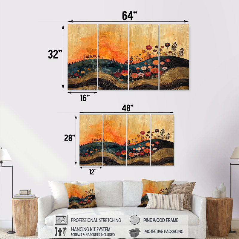 Asher - Wildflowers Wall Art - ensemble de 4 décorations murales traditionnelles, H 28 po x l 48 po