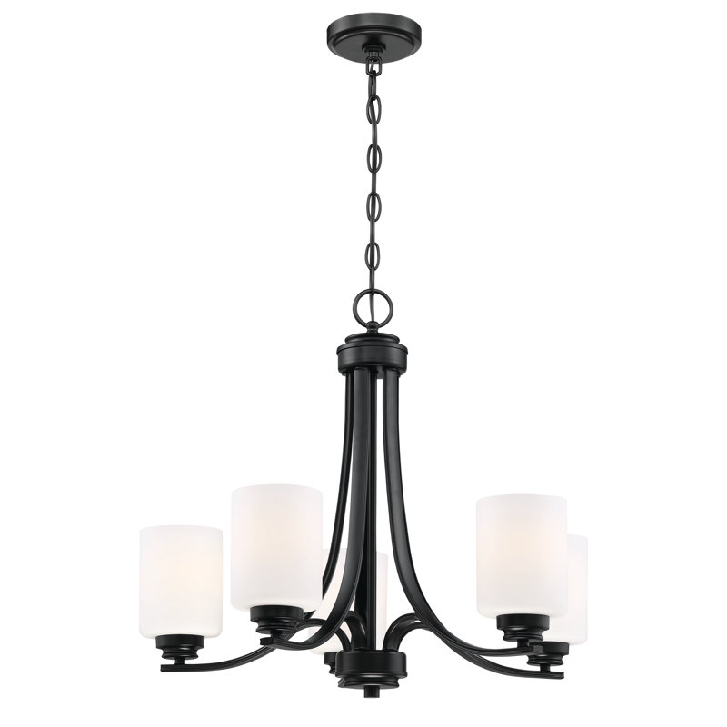 5 - Light Dimmable Empire Chandelier, Flat Black, White Frosted