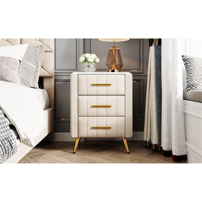 Table de chevet rembourrée avec 3 tiroirs et décor en métal - Velours beige 3 fonctions