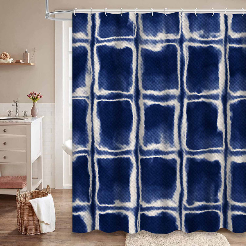 Rideau de douche abstrait en toile à carreaux bleu marine avec 12 crochets, L 72 po x l 78 po