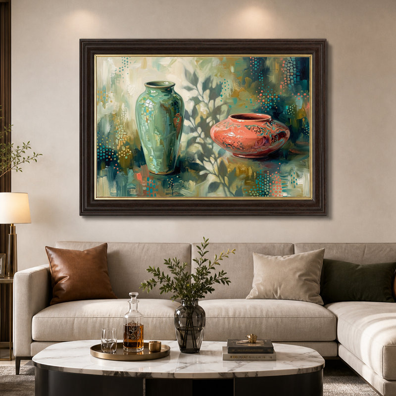 «Green Vase and Rust Pot in Abstract Style», art mural sur toile, 16"H x 24"W
