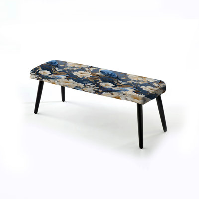 Oiseau blanc et bleu à motif floral - banc noir rembourré floral