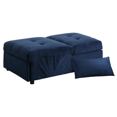 Banc en bois massif de velours bleu foncé avec zone de couchage coulissante - plateau relevable réglable et lit de rangement rembourré confortable