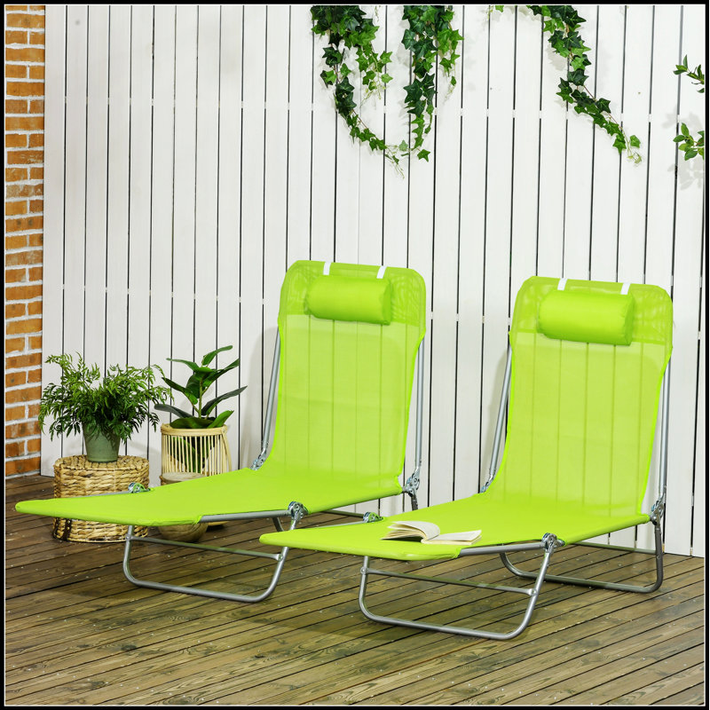 2 Piece Folding Chaise Lounge Chairs With 6-Position Reclining Back, Breathable Mesh Seat, And Headrest For Outdoor Relaxation