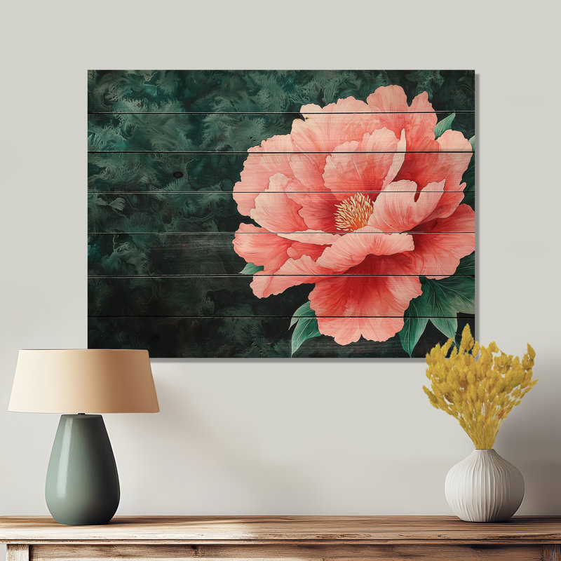 Pivoine rose d'été en pleine floraison II - Art mural moderne sur bois de pin naturel, H 10 po x l 20 po x P 0,78 po