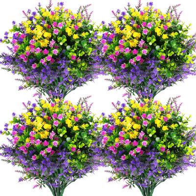 Set Of 24 Multi-Color Combination Artificial Flowers 13.8 In Long Steam Outdoor Garden Anti-UV Simulation Plastic Flower Bulk For Hanging Planter Porch Window Home Wedding Fall Summer Decor (Fuchsia, Purple, Yellow, Green)